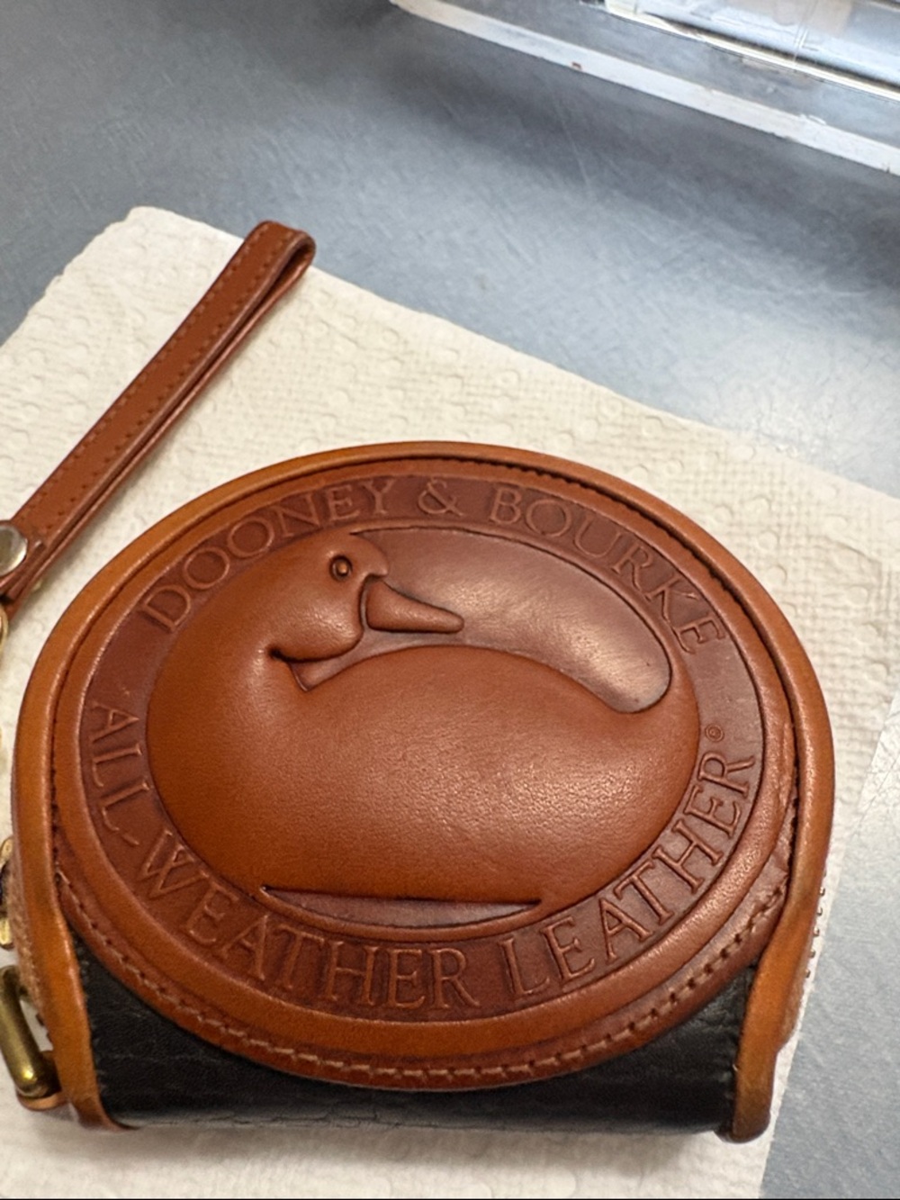 Dooney & Bourke Tan Brown Leather Round Coin Case with Embossed Duck